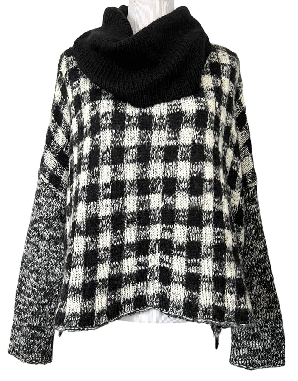 Wooden Ships Women's Sweater Cowl Neck Mohair Wool Black White Check Plaid M/L